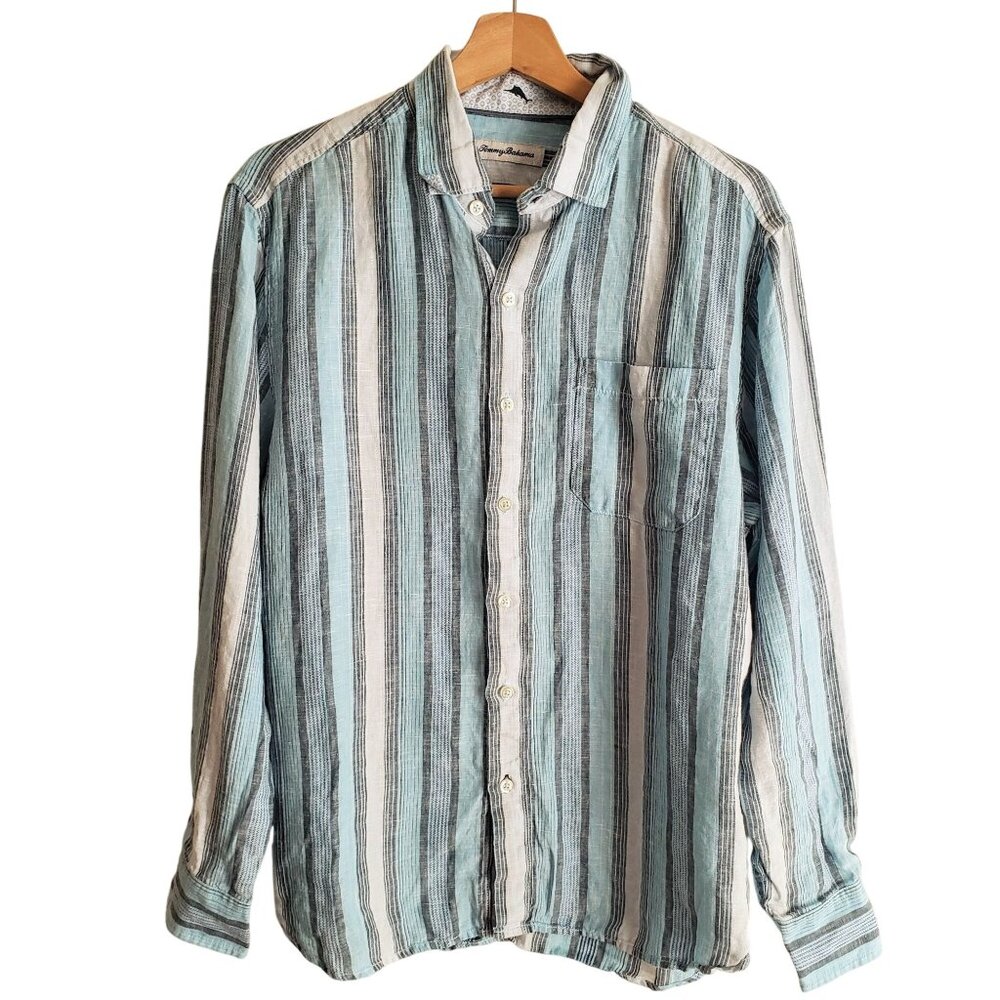 Tommy Bahama 100% Linen Striped Shirt Blue White Relaxed Fit Button-Up Shirt - Picture 1 of 11